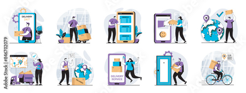 Delivery service web concept with people scenes mega set in flat design. Bundle of character situations with shipping order to home, clients receive parcels, courier carries box. Vector illustrations.