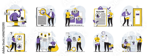 Employee hiring process web concept with people scenes mega set in flat design. Bundle of character situations with human resources, staff recruitment, finding candidates online. Vector illustrations.