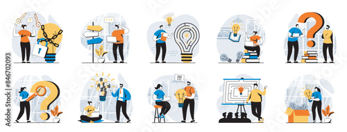 Finding solution web concept with people scenes mega set in flat design. Bundle of character situations with brainstorm, think and creativity for business, generating new ideas. Vector illustrations.