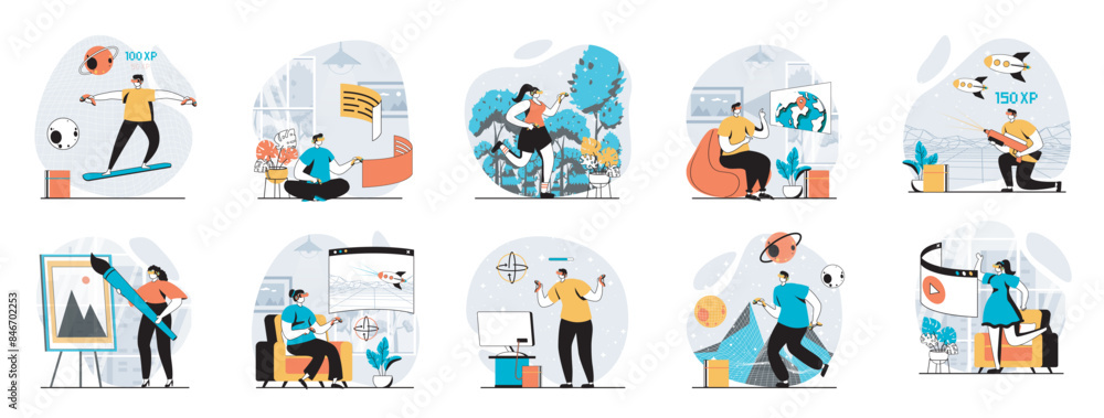 Virtual reality web concept with people scenes mega set in flat design. Bundle of character situations with gaming, working, studying, drawing at VR glasses in augmented space. Vector illustrations.