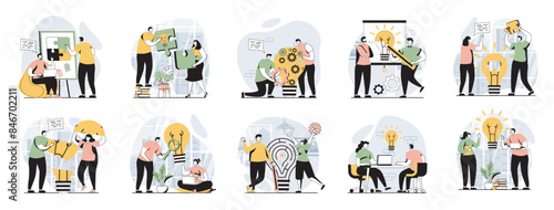 Teamwork web concept with people scenes mega set in flat design. Bundle of character situations with brainstorming for developing business, working together, team collaboration. Vector illustrations. photo