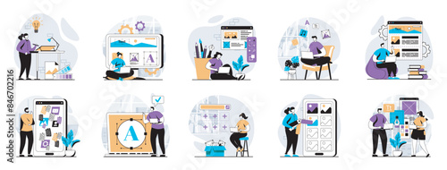 UI UX design web concept with people scenes mega set in flat design. Bundle of character situations with user interface layouts creating, testing app usability for mobile screen. Vector illustrations.