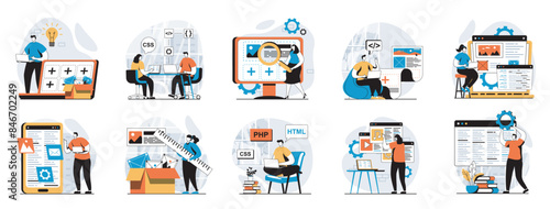 Web development concept with people scenes mega set in flat design. Bundle of character situations with wireframe site layout creation, engineering code and testing scripts. Vector illustrations. photo