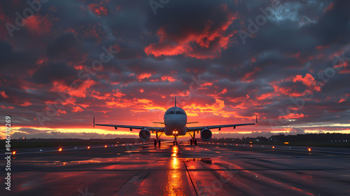 Sunset view of airplane on airport runway under dramatic sky