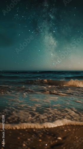 Serene beach scene under the starry night sky  capturing the details of waves and sand. Escape from the city  relieve stress  vacation  moon  mid-autumn festival  mist  mystical  holiday  homecoming  