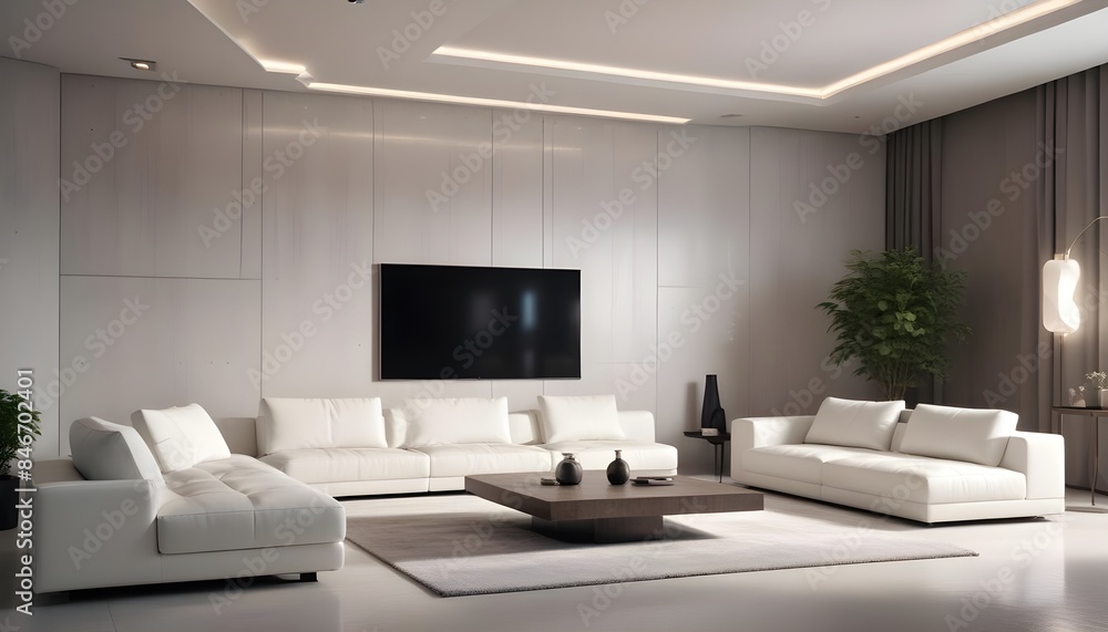 High end modern living room with white leather couch and a large flat screen tv mounted on the wall, brutalist architecture mixed with modern futuristic minimal design High end modern living room with white leather couch and a large flat screen tv mounted on the wall, brutalist architecture mixed with modern futuristic minimal design