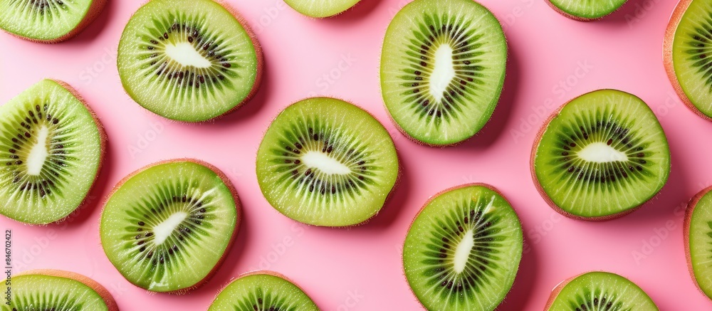 Fototapeta premium Fresh kiwi slices arranged in a vibrant fruit pattern against a pink backdrop, viewed from above.