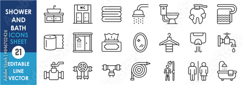 A set of line icons related to Shower and Bath. Bathroom, shower, toilet, washroom, plumber, pipes, water, sink, men and women and so on. Vector outline icons set.