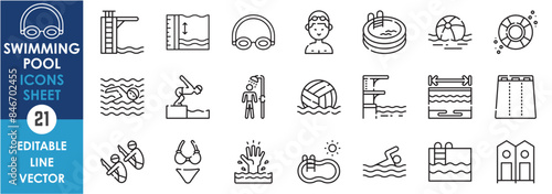 A set of line icons related to swimming pool. Swim, dive, champion, sports, river, pool, bikini, volleyball and so on. Vector outline icons set.