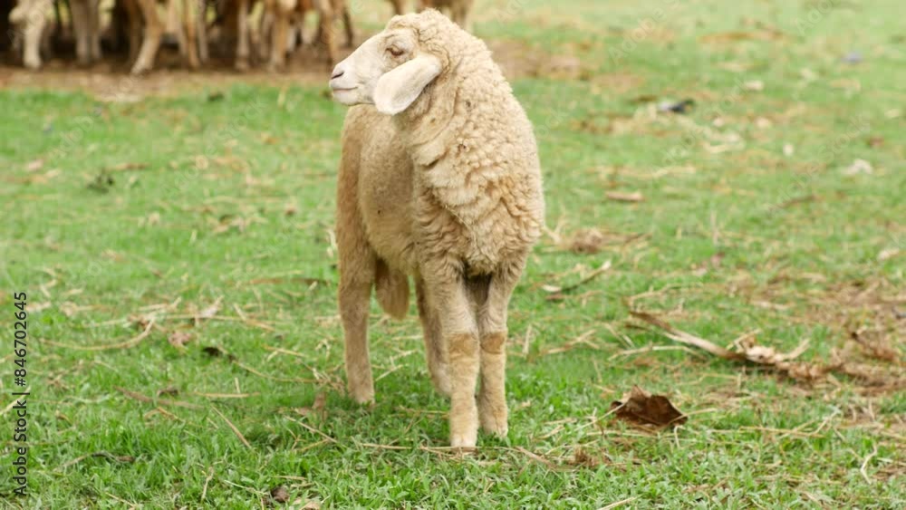 Sheep grazing in a green field, eating grass and looking at the viewer Sheep grazing in a green field, eating grass and looking at the viewer