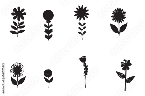 Set of silhouettes of Doodle stylehand plant collection. Botanical set sketch flowers branches. , hand drawn. The vector wildflowers and flowers are highly detailed line art style. photo