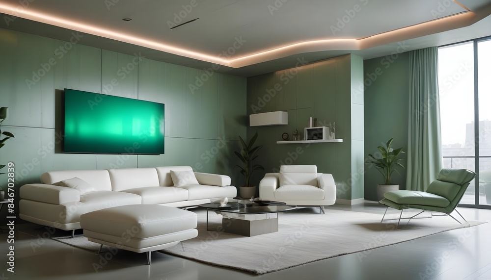High end modern living room with white leather couch and a large flat screen tv mounted on the wall, brutalist architecture mixed with modern futuristic minimal design High end modern living room with white leather couch and a large flat screen tv mounted on the wall, brutalist architecture mixed with modern futuristic minimal design