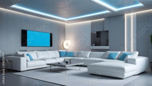 High end modern living room with white leather couch and a large flat screen tv mounted on the wall, brutalist architecture mixed with modern futuristic minimal design