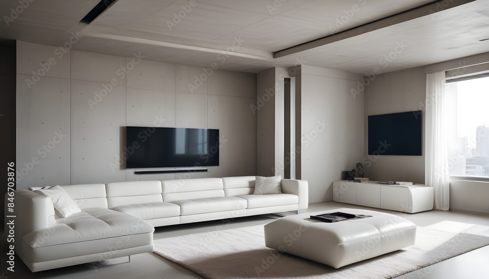 High end modern living room with white leather couch and a large flat screen tv mounted on the wall, brutalist architecture mixed with modern futuristic minimal design High end modern living room with white leather couch and a large flat screen tv mounted on the wall, brutalist architecture mixed with modern futuristic minimal design