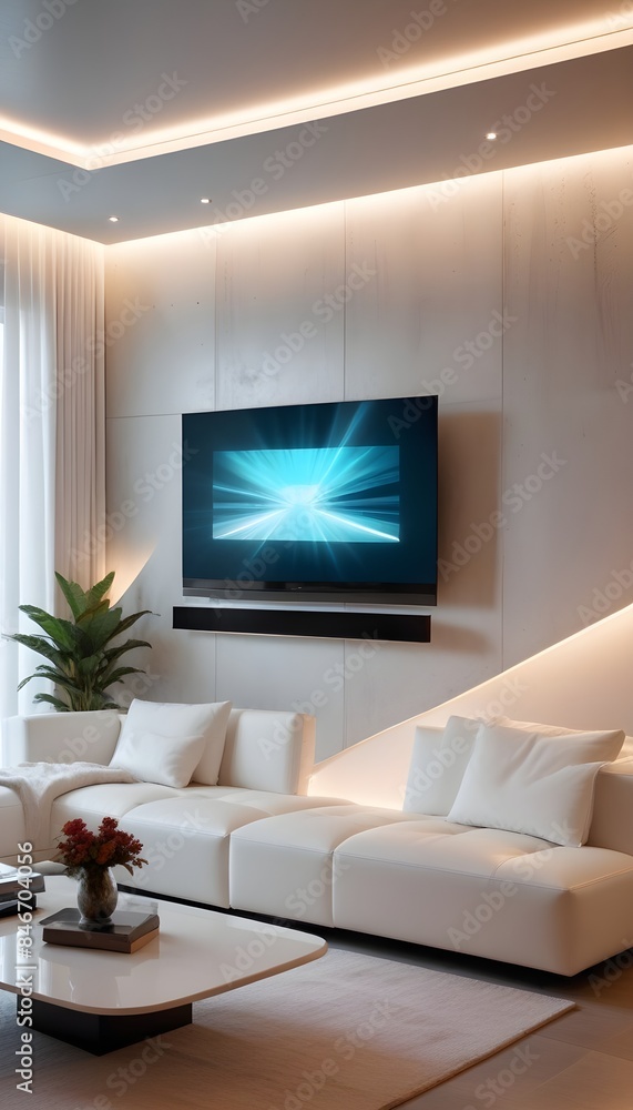 High end modern living room with white leather couch and a large flat screen tv mounted on the wall, brutalist architecture mixed with modern futuristic minimal design High end modern living room with white leather couch and a large flat screen tv mounted on the wall, brutalist architecture mixed with modern futuristic minimal design