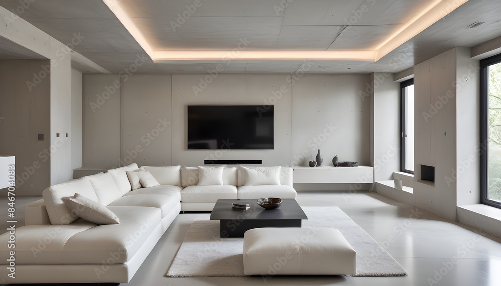 High end modern living room with white leather couch and a large flat screen tv mounted on the wall, brutalist architecture mixed with modern futuristic minimal design High end modern living room with white leather couch and a large flat screen tv mounted on the wall, brutalist architecture mixed with modern futuristic minimal design