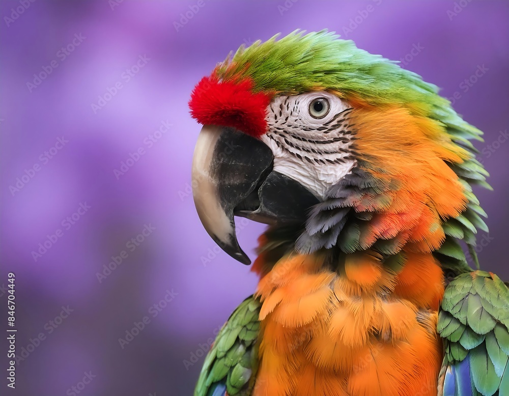 multicolored parrot with a detailed red beak against a soft-focus purple background, embodying the essence of tropical wildlife. multicolored parrot with a detailed red beak against a soft-focus purple background, embodying the essence of tropical wildlife.