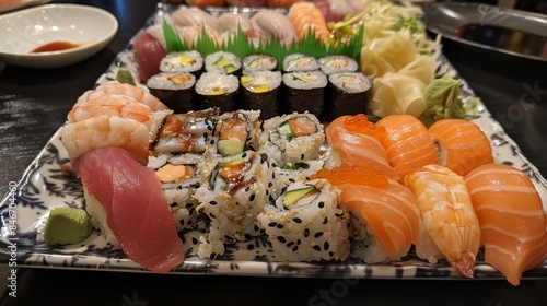A seafood sushi platter with assorted nigiri and maki rolls, garnished with pickled ginger and wasabi.