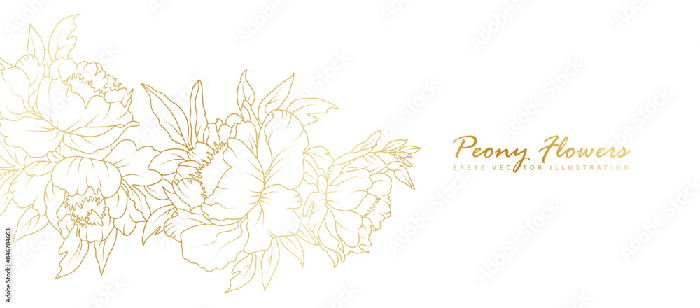 Golden peony flowers line art isolated on white background. Luxury floral design elements for invitation, wedding, wallpaper, print template, vector illustration