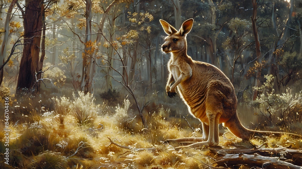 Fototapeta premium Majestic Kangaroo Carrying a Pitcher Through the Lush Fir Forest