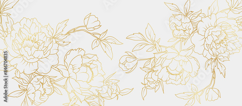 Luxury gold peony flowers background. Floral pattern tropical in line art style for greeting, invitation, wedding card, wall art, wallpaper and print. Vector illustration
