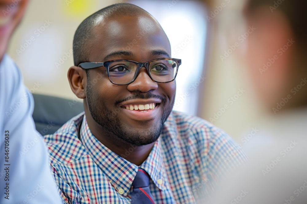 African American Man Smiling During Job Interview, Professional Indoor Setting African American Man Smiling During Job Interview, Professional Indoor Setting