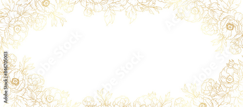 Peony flowers border gold frame. Luxury golden floral template, peonies vector gold line on white background, vector illustration