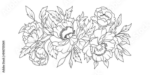 Peony flower arrangement line art on white background. Silhouette botanical hand drawn element for wedding  invitation frame design  vector illustration