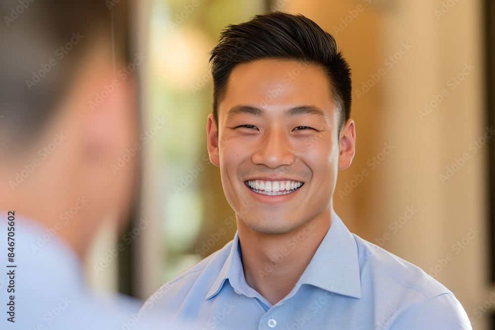 Young Man Smiling During Job Interview, Professional Indoor Setting Young Man Smiling During Job Interview, Professional Indoor Setting