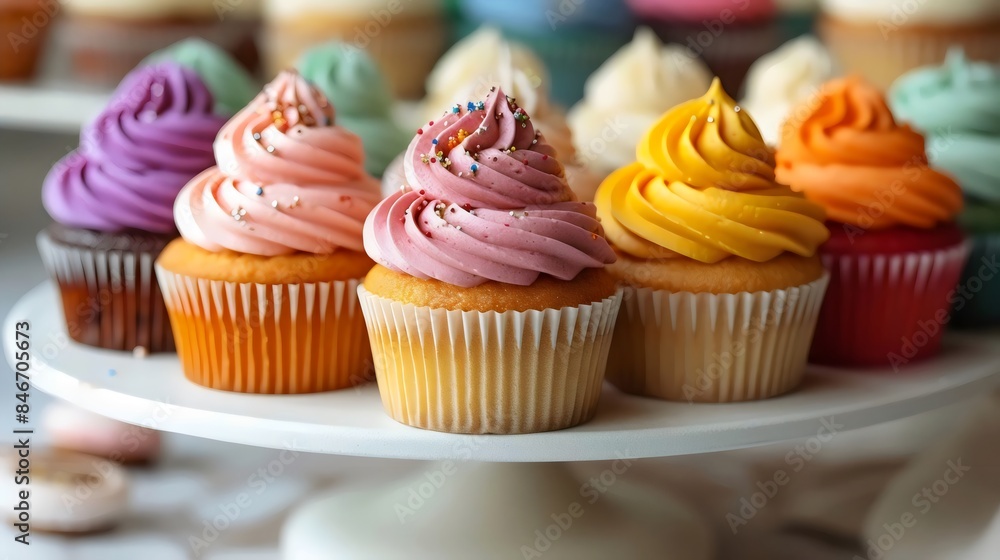 A white cake stand with a variety of colorful frosted cupcakes A white cake stand with a variety of colorful frosted cupcakes
