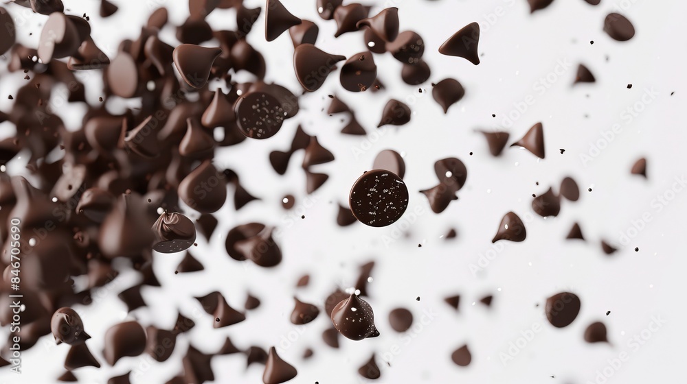 Chocolate chip morsels or drops, depicted falling and flying against a white background in a 3D illustration Chocolate chip morsels or drops, depicted falling and flying against a white background in a 3D illustration