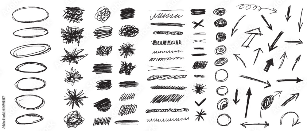 Hand drawn collection pen, pencil, charcoal simple elements. Doodle set different oval, lines, arrows, highlights and shapes in grunge style. Hand drawn collection pen, pencil, charcoal simple elements. Doodle set different oval, lines, arrows, highlights and shapes in grunge style.