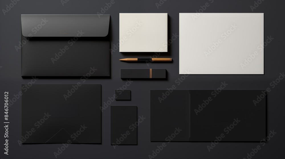 Flat lay of black white office stationary mockup organized on dark background. Black envelope, pen, blank cards template advertising image. Professional and stylish mock up products Flat lay of black white office stationary mockup organized on dark background. Black envelope, pen, blank cards template advertising image. Professional and stylish mock up products