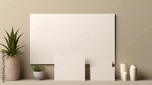 Blank canvases mockup of various sizes against beige wall. Potted plants and ceramic vases. Businesscard template advertising image. Minimalist stationery mock up product photorealistic photo