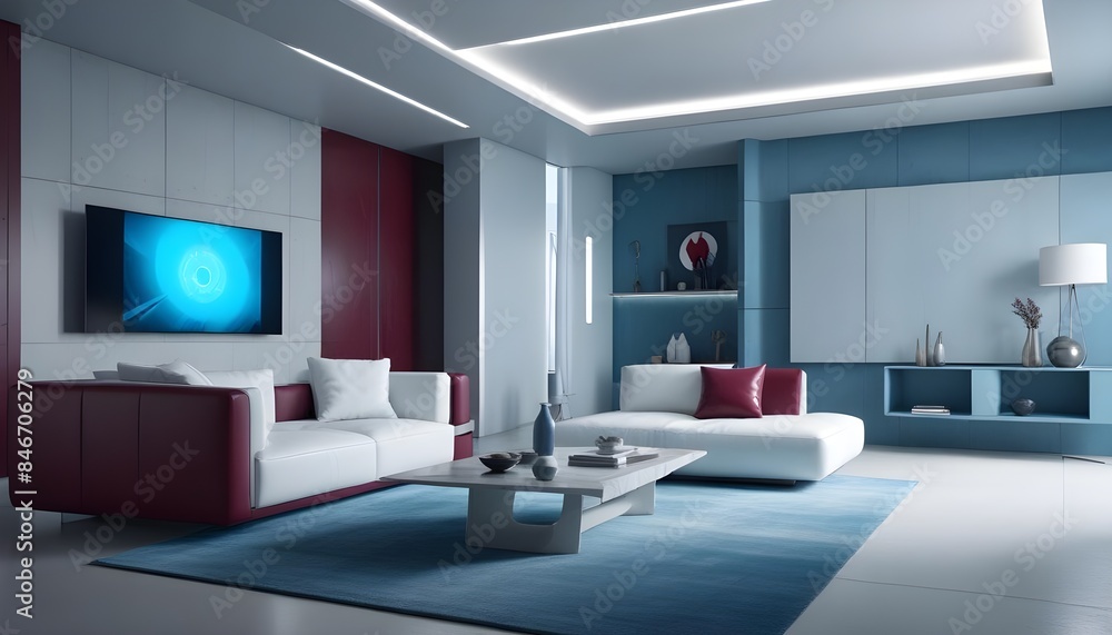 High end modern living room with white leather couch and a large flat screen tv mounted on the wall, brutalist architecture mixed with modern futuristic minimal design High end modern living room with white leather couch and a large flat screen tv mounted on the wall, brutalist architecture mixed with modern futuristic minimal design