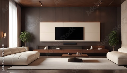 High end modern living room with white leather couch and a large flat screen tv mounted on the wall, brutalist architecture mixed with modern futuristic minimal design