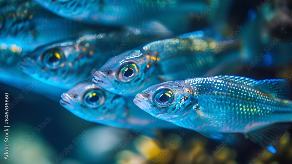 Ultra-high-definition macro shot of a small school of fish swimming near the sea bed, with each fish's scales and fins detailed in sharp clarity, enhanced by focus stacking to create a rich, textured Ultra-high-definition macro shot of a small school of fish swimming near the sea bed, with each fish's scales and fins detailed in sharp clarity, enhanced by focus stacking to create a rich, textured