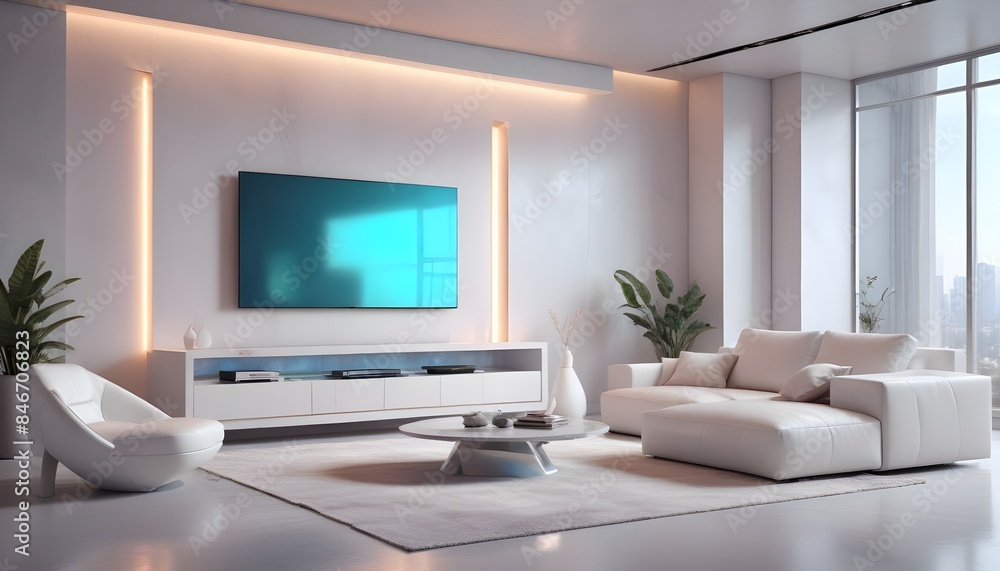 High end modern living room with white leather couch and a large flat screen tv mounted on the wall, brutalist architecture mixed with modern futuristic minimal design High end modern living room with white leather couch and a large flat screen tv mounted on the wall, brutalist architecture mixed with modern futuristic minimal design