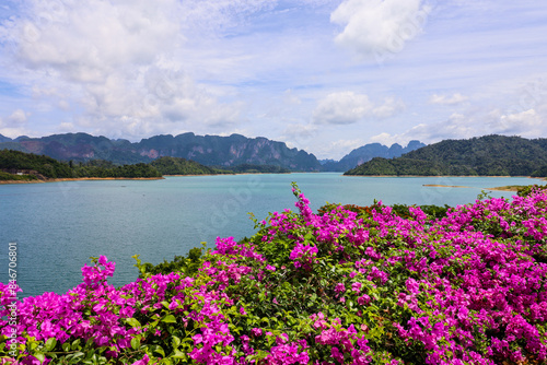 View through bougainvillea flowers to Cheo Lan lake at Surat Thani province of Thailand. Picturesque landscape of national Khao Sok park