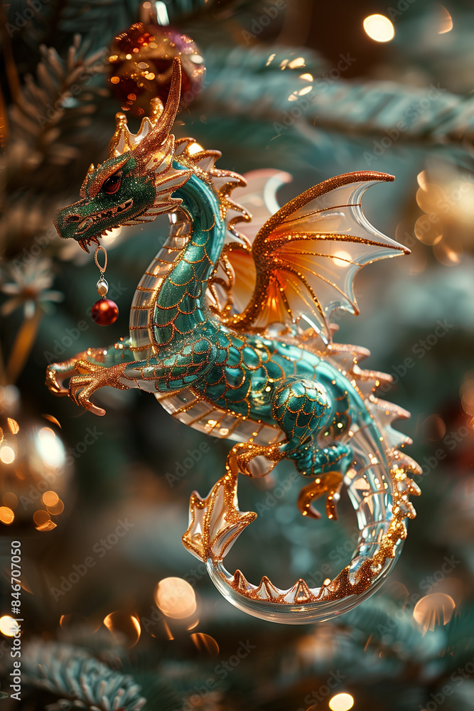 The clear glass Dragon like a New Year's toy, made of shiny plastic hanging on a real green Christmas tree The clear glass Dragon like a New Year's toy, made of shiny plastic hanging on a real green Christmas tree