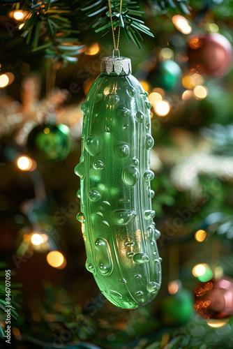 The pickled cucumber like a New Year's toy hanging on a Christmas tree photo