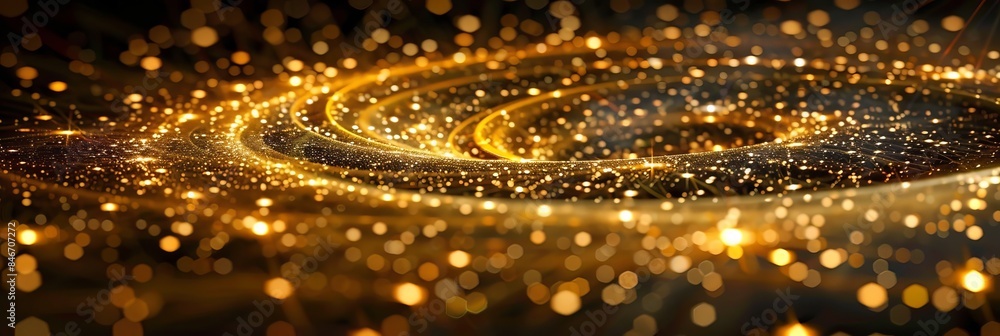 Abstract yellow light burst on dark backdrop with golden sparkles, creating a magical ambiance