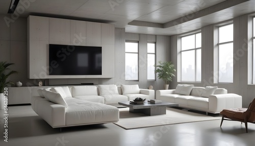 High end modern living room with white leather couch and a large flat screen tv mounted on the wall, brutalist architecture mixed with modern futuristic minimal design