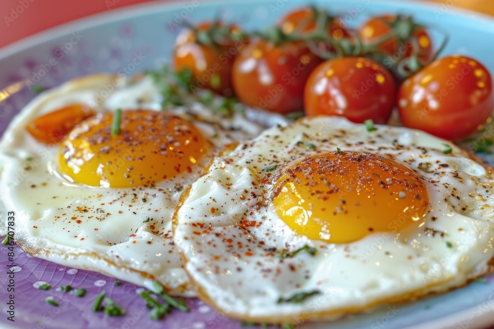 Sunny side up fried eggs with cherry tomatoes and herbs on plate Sunny side up fried eggs with cherry tomatoes and herbs on plate