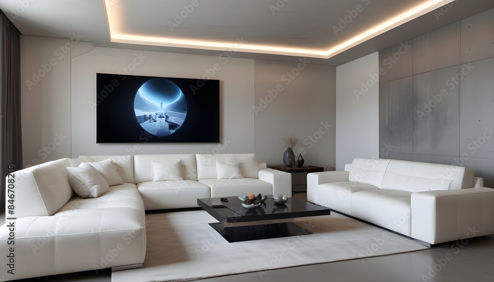 High end modern living room with white leather couch and a large flat screen tv mounted on the wall, brutalist architecture mixed with modern futuristic minimal design High end modern living room with white leather couch and a large flat screen tv mounted on the wall, brutalist architecture mixed with modern futuristic minimal design