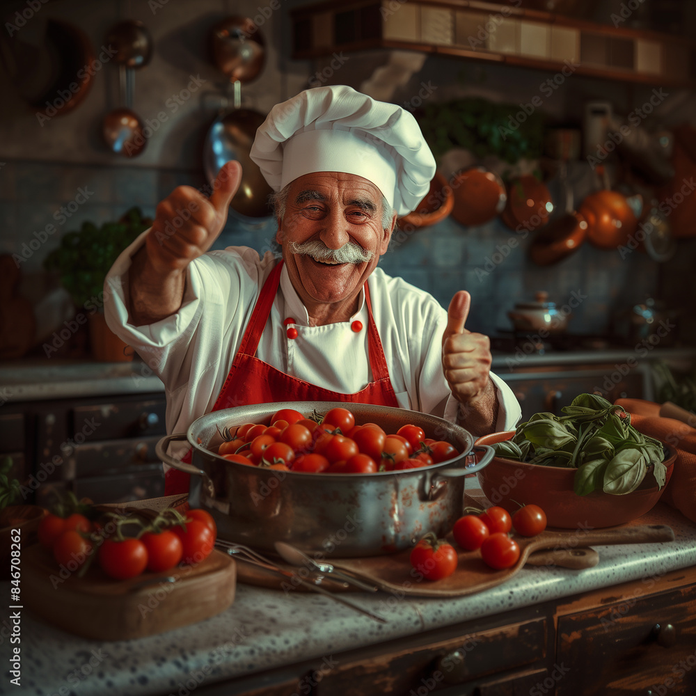 Italian chef smiling and giving thumbs up, with his kitchen apron on, in front of an old pot filled with tomatoes Italian chef smiling and giving thumbs up, with his kitchen apron on, in front of an old pot filled with tomatoes