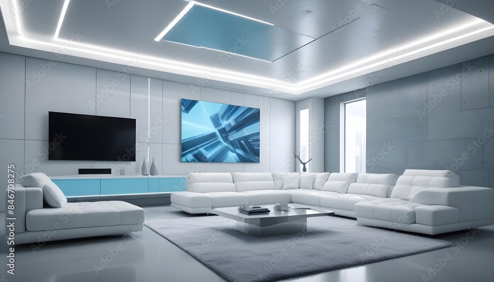 High end modern living room with white leather couch and a large flat screen tv mounted on the wall, brutalist architecture mixed with modern futuristic minimal design High end modern living room with white leather couch and a large flat screen tv mounted on the wall, brutalist architecture mixed with modern futuristic minimal design