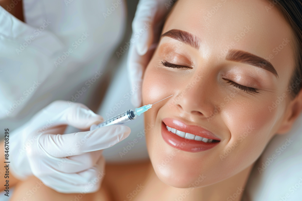 Close-up of the face and upper body of an attractive woman smiling, with wrinkles on one side of her smile treated Botox style with a syringe on the skin of her lower lip Close-up of the face and upper body of an attractive woman smiling, with wrinkles on one side of her smile treated Botox style with a syringe on the skin of her lower lip