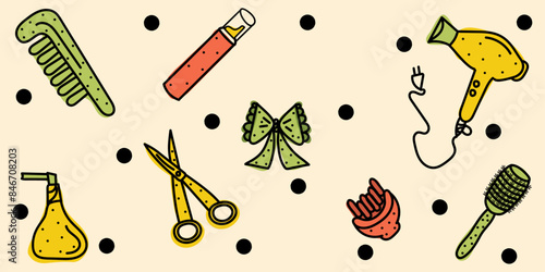 Colorful Doodle Hairdressing pattern with dots: scissors, hair dryer, comb, diffuser, atomizer, bow, hair mousse, hairbrush editable stroke. Vector hand drawn illustration isolated beige background	
