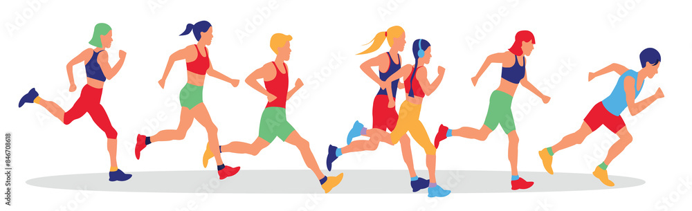 Set of colorful bright cartoon characters, running people. Healthy lifestyle. Lose weight. Sports, running, training, jogging, marathon, city competitions, marathons, cardio training, physical exercis Set of colorful bright cartoon characters, running people. Healthy lifestyle. Lose weight. Sports, running, training, jogging, marathon, city competitions, marathons, cardio training, physical exercis